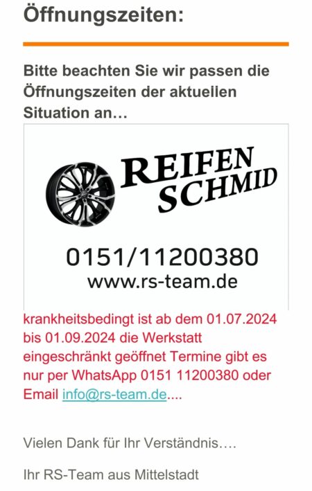 Öffnungszeiten Werkstatt Reifenwechsel Autoreparatur Reifen Schmid Mittelstatt